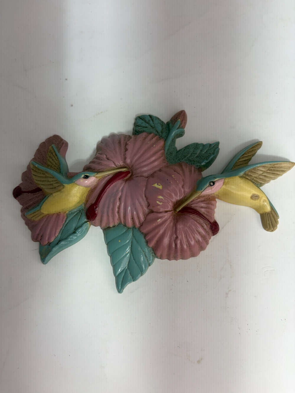 Vintage Burwood  4” X 6 1/4" Humming Bird W/Pink Flowers Wall Hanging